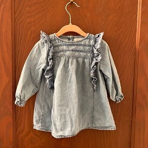 Zara smocked and embroidered denim dress